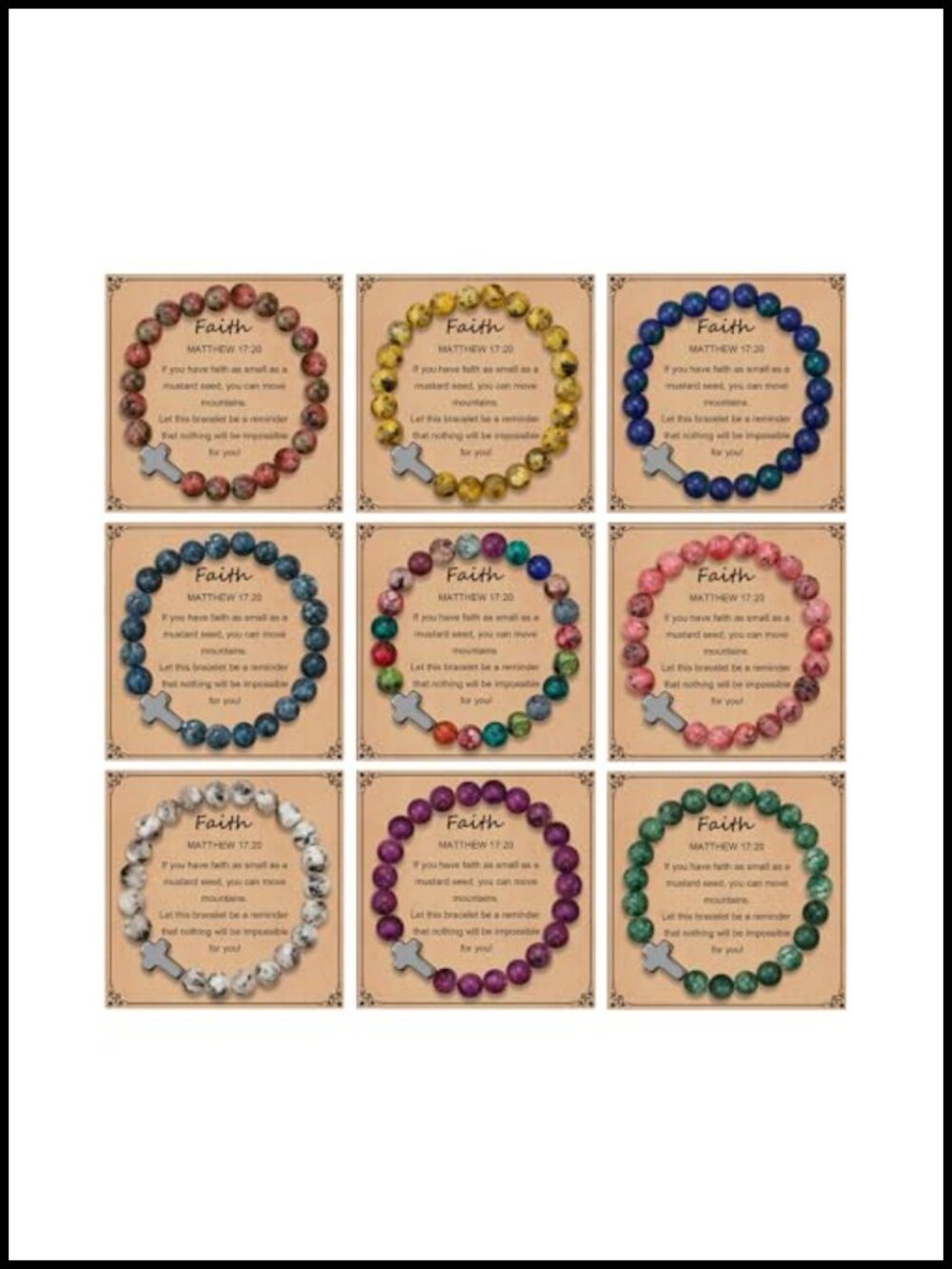 9Pcs Catholic Religious Stretch Stone Bracelets Set with Card